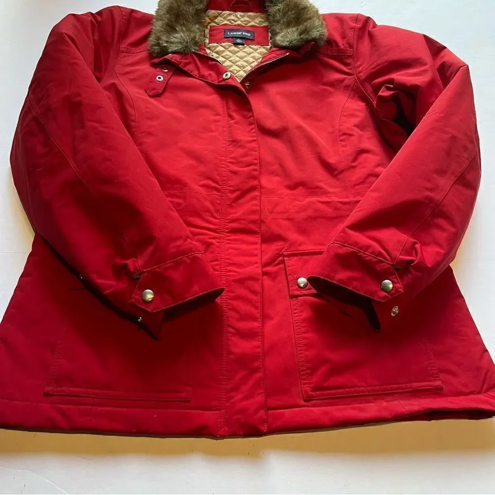Lands' End Women's Red Winter Coat with Faux Fur Collar Lined Size M(10-12)
